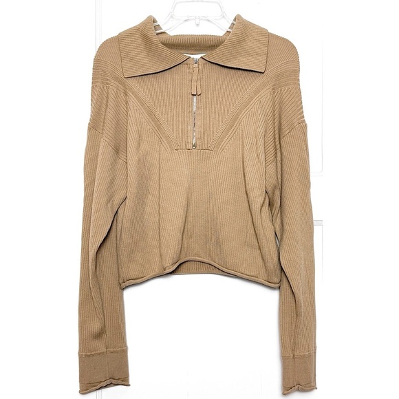 JONATHAN SIMKHAI Wool Blend Rib Knit Braided Sleeve Cropped Zip Polo Sweater M - Picture 5 of 10